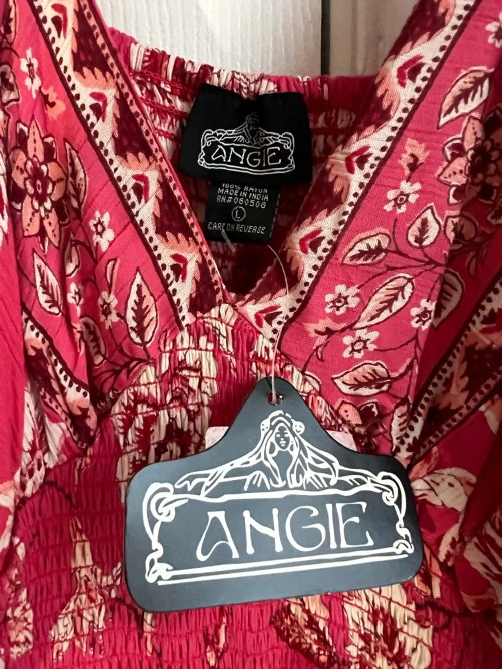 NWT Angie Pink & Red Floral Boho Beachy Sleeveless Crochet Maxi Dress Large - Picture 3 of 8